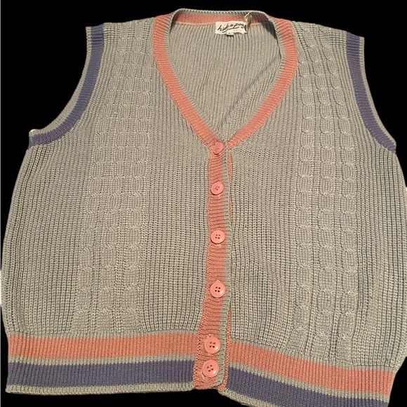 VTG HUK-A-POO Acrylic Knit Sweater Vest Gray Pink Women’s Size L Sleeveless EUC - Picture 1 of 8